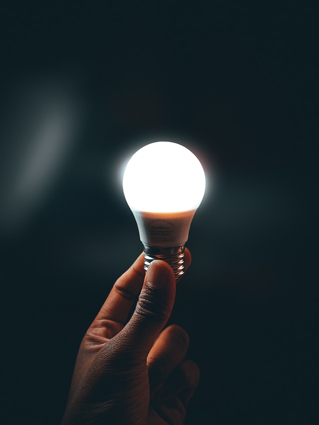 A person holding a LED lightbulb, one of the most common mosquito-repellent lights