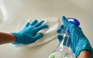A person with blue gloves cleaning a surface with a disinfectant and paper towel, one of the most effective ways how to clean rat urine and feces