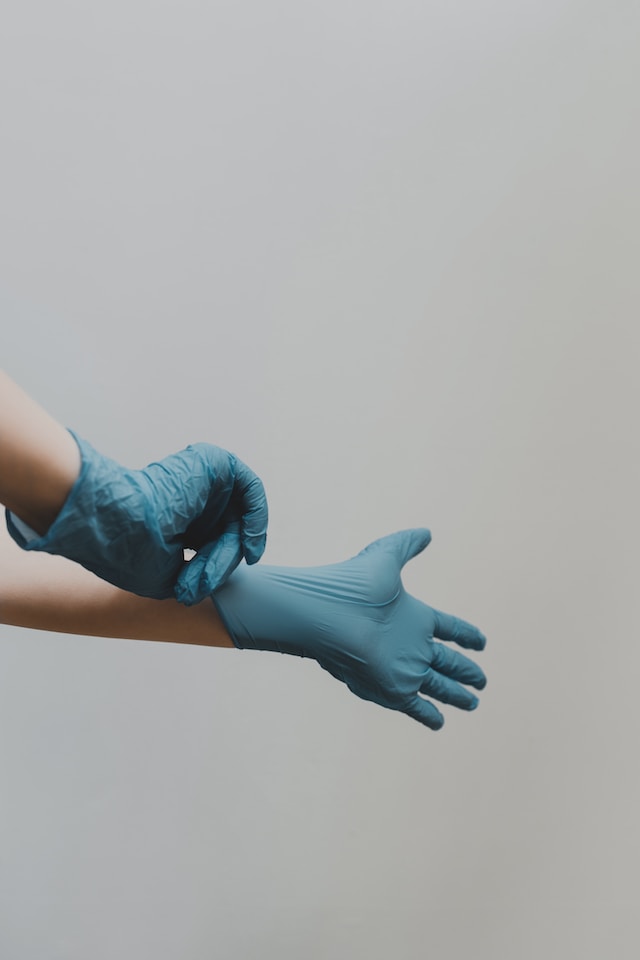 A person pulling on blue medical gloves, the first step on how to clean rat urine and feces