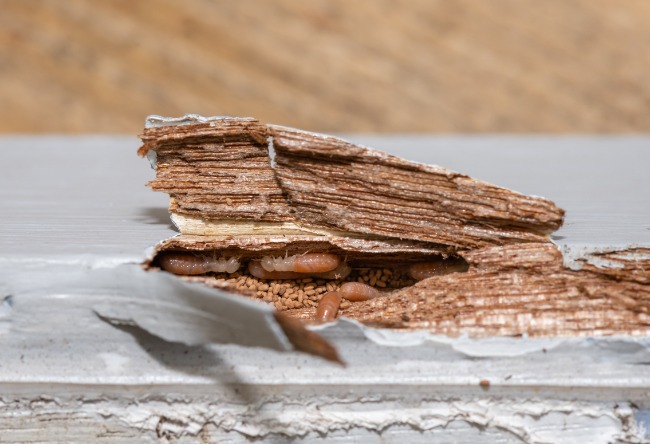 Termites in wall. Termites piling out of a white painted wall