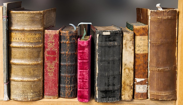 old multi-colored books on a book shelf