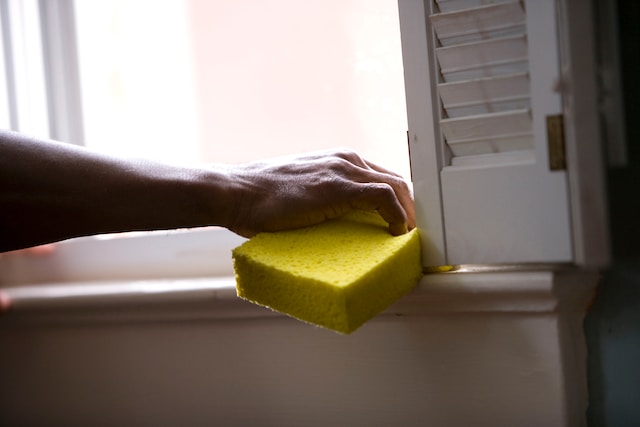 Person wiping a window sill to remove any dirt, food, or dander, a pet-safe pest control method