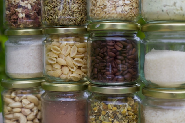 Properly stored grains, coffee beans, and other pantry items properly sealed and stored, an example of pet-safe pest control
