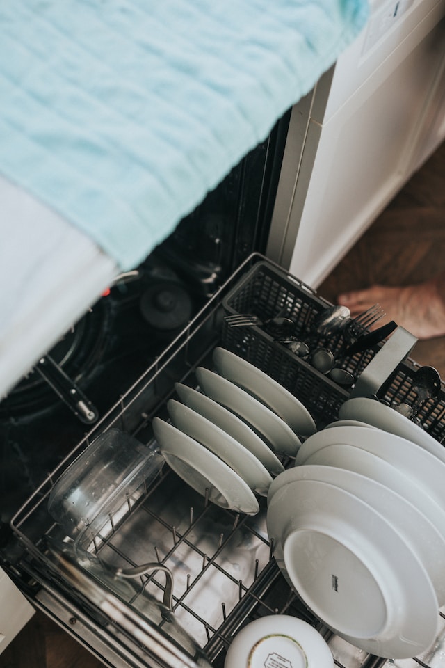 Aerial view of a loaded dishwasher 