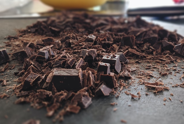 Chopped chocolate on a countertop 