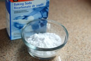 Blue baking soda bag in front of a bag of baking soda