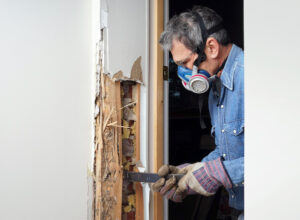 Person looking at a termite nest in a wall