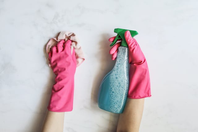 Person holding pink gloves along with a blue spray bottle